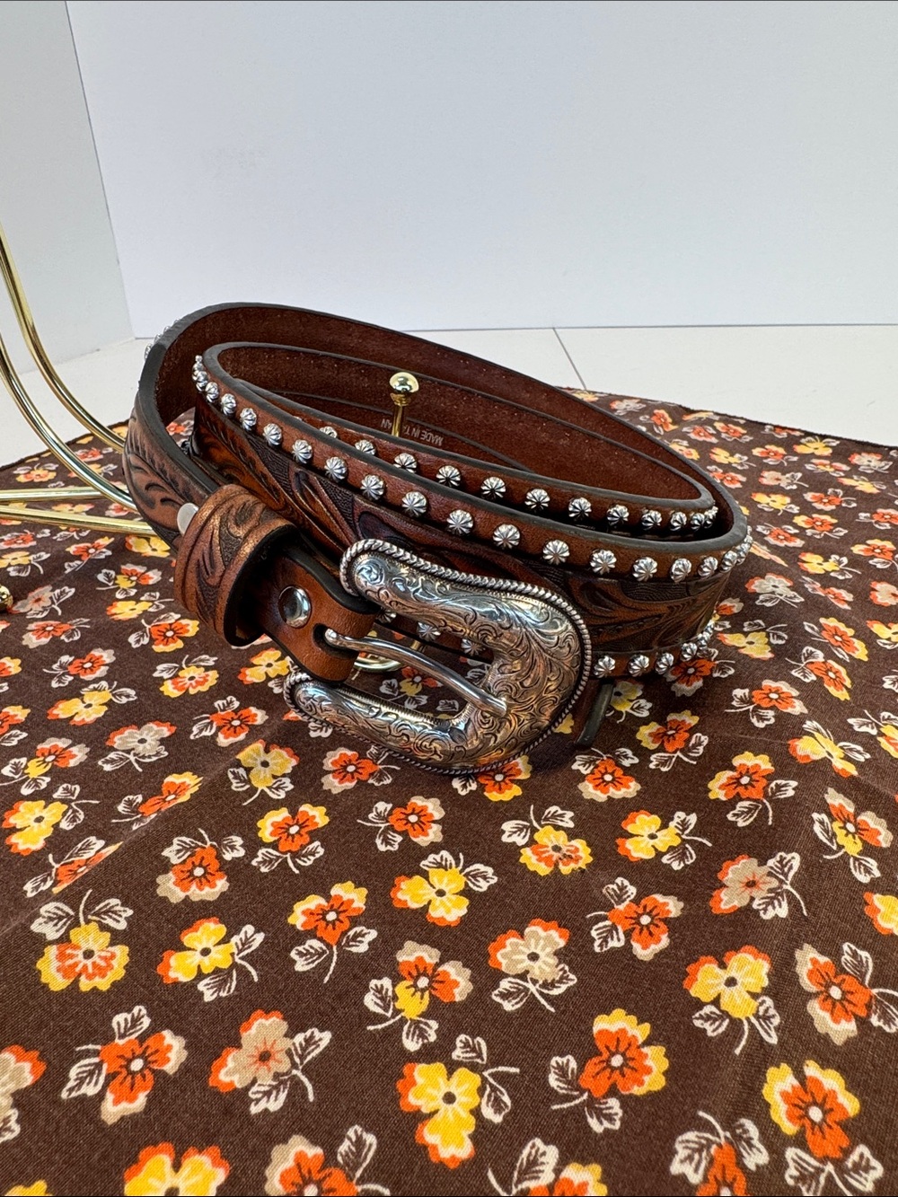 Nocona Brown Tooled Leather Belt with Silver Engraved Buckle and Studs
